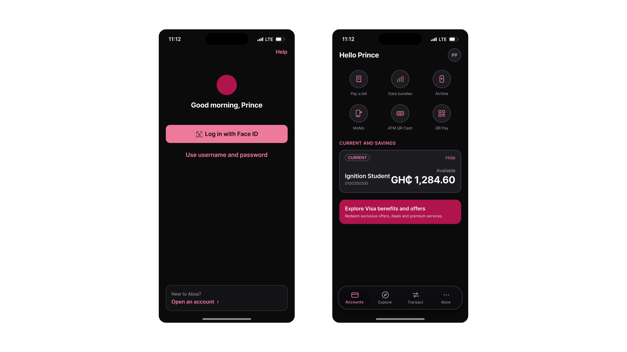 The redesigned login screen with Face ID as the primary button, and the redesigned dashboard with the balance above the promotional card.