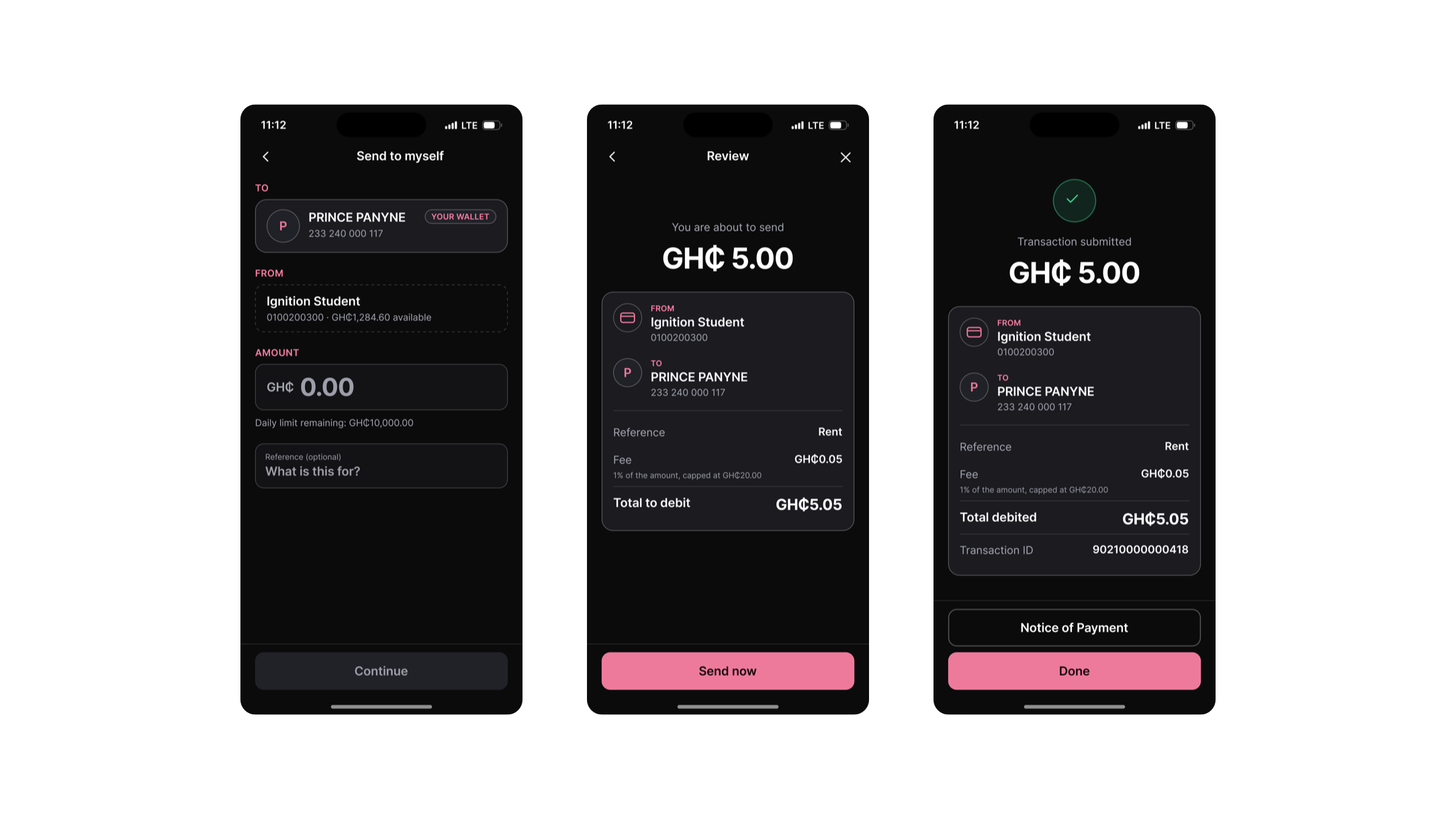 Three redesigned screens: a pre-filled send-to-yourself form, the review screen with the amount at full size, and the receipt.