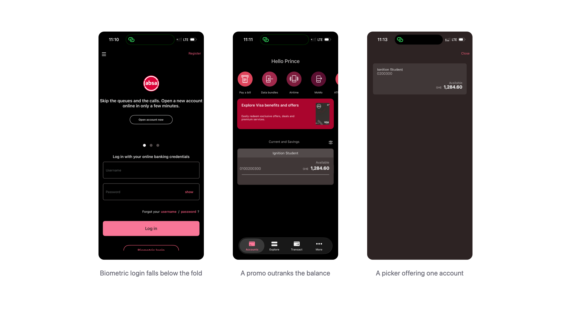 Three screens from the shipped app, captioned: biometric login cut off at the bottom edge, a promotional card sitting above the account balance, and a full-screen account picker offering a single account.