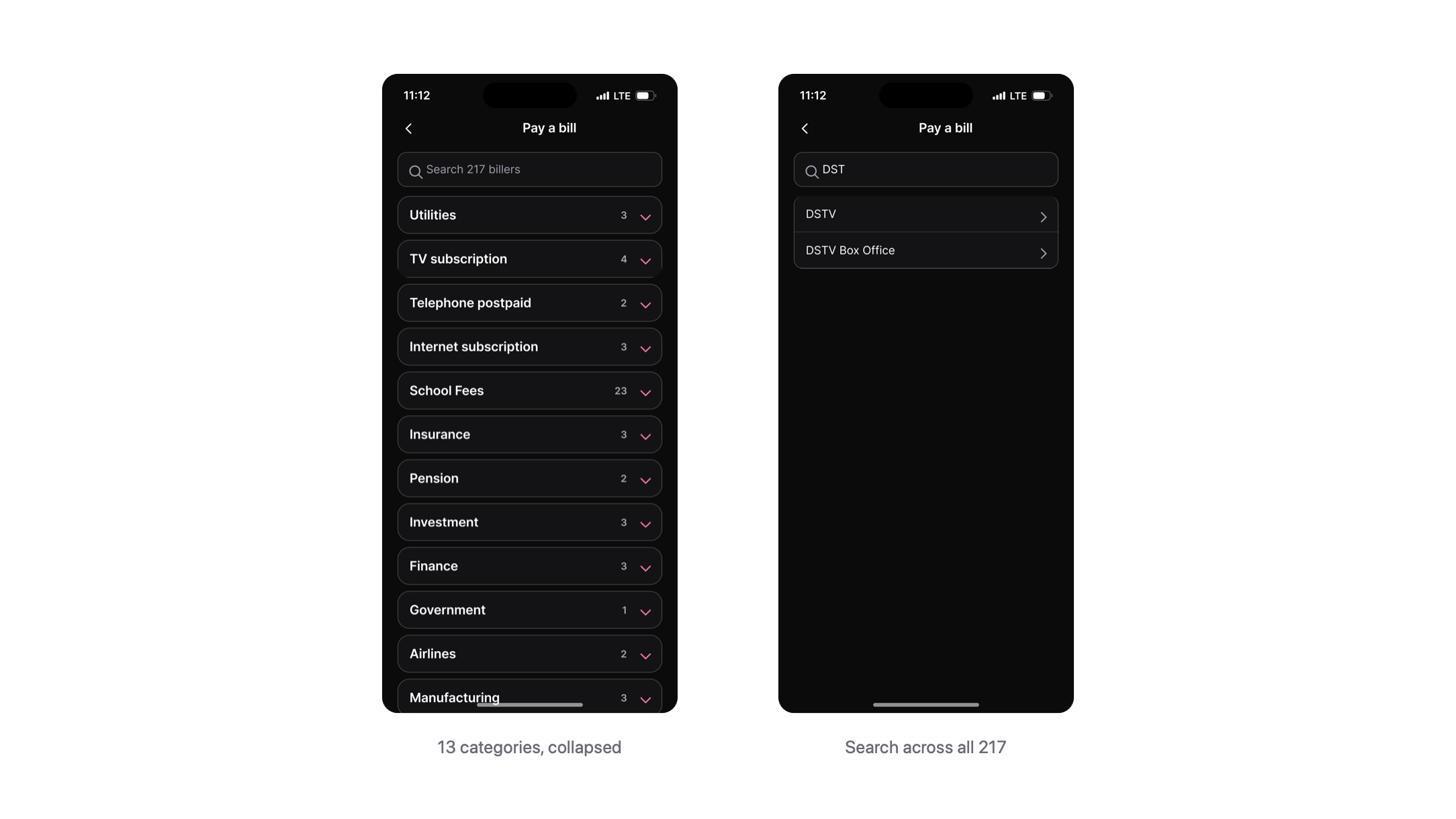 Two screens of the redesigned bill payment picker: all thirteen categories collapsed with counts, and a search returning matching billers.