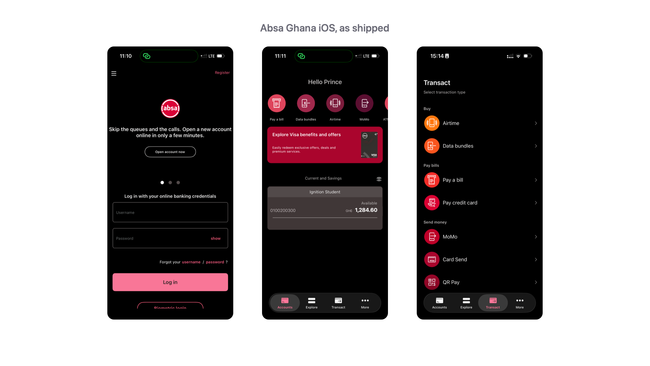 Three screens from the shipped Absa Ghana app: the Explore tab, the account dashboard, and the Transact tab.