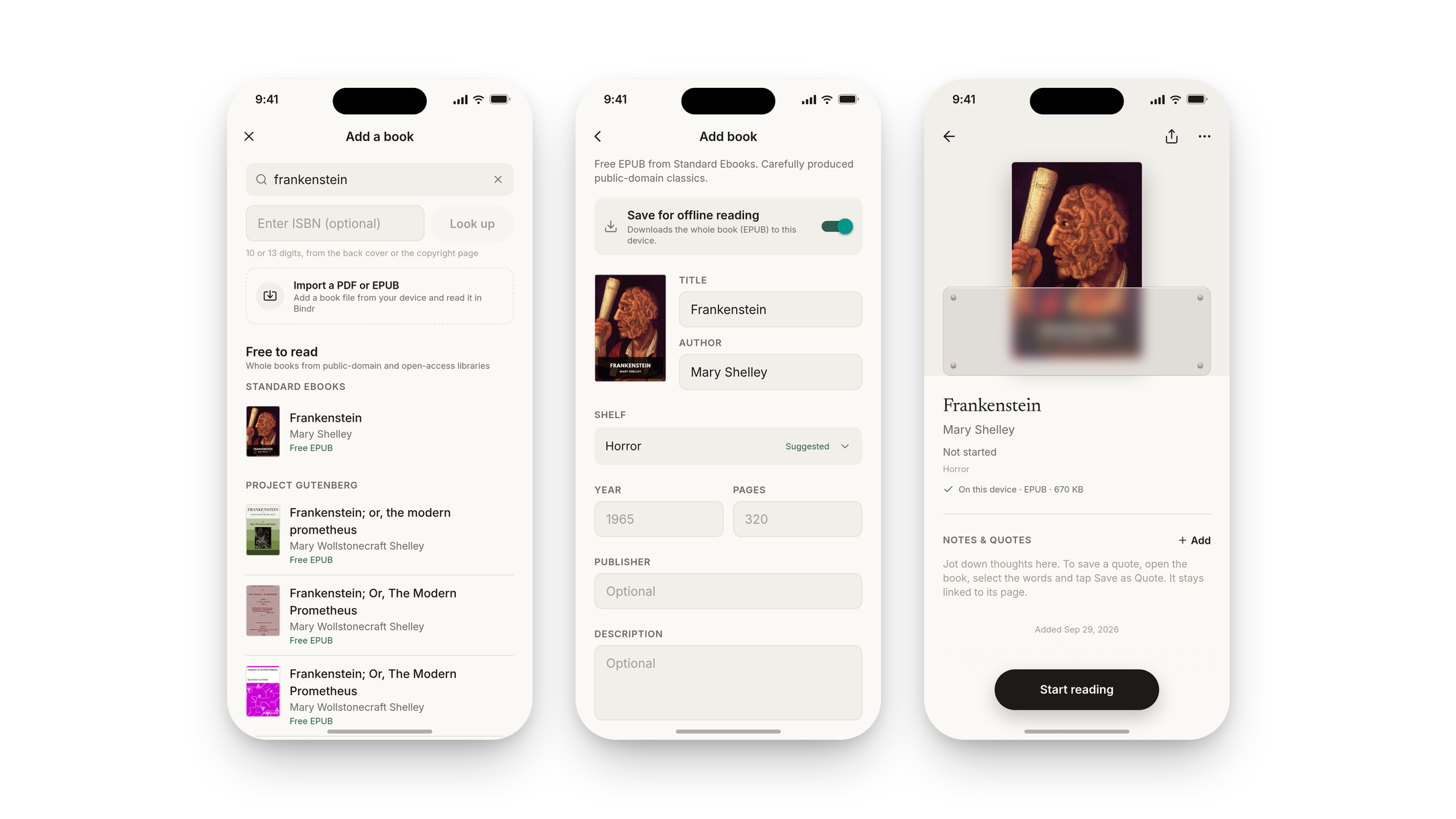 Adding a book: search results from Standard Ebooks and Project Gutenberg, the confirm step with Horror suggested as the shelf, and the saved book's page showing it is stored for offline reading.