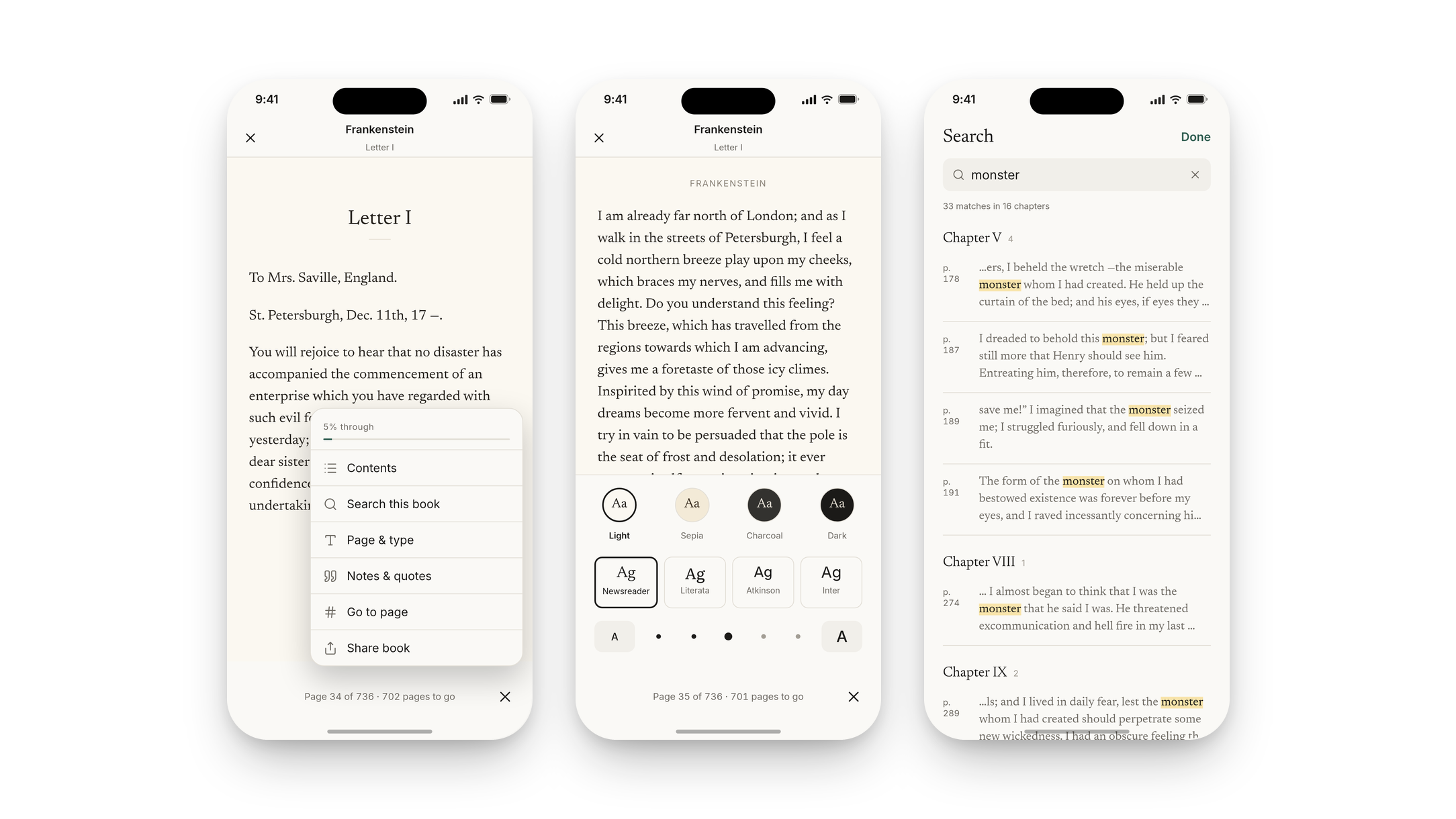 The reader open at Letter I of Frankenstein with its menu of contents, search, page and type, notes, go to page and share; the Page and type panel with page colours, typefaces and text sizes; and search results for the word monster grouped by chapter.