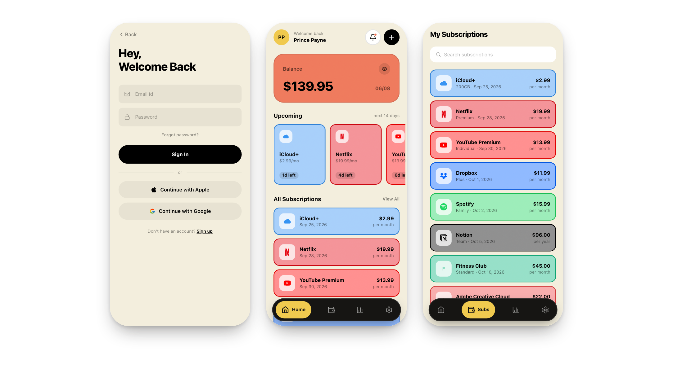 Three Cadence screens: sign in, the home screen with the monthly balance and upcoming renewals, and the full subscription list.