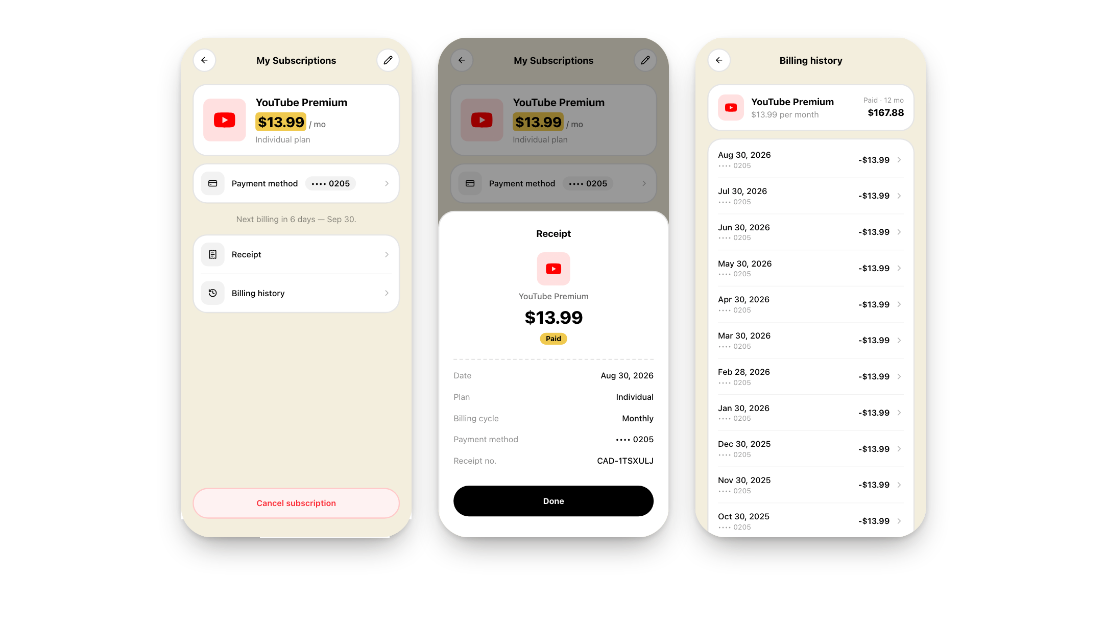 A subscription's detail screen, its receipt sheet with the date, plan, payment method and receipt number, and a year of billing history.
