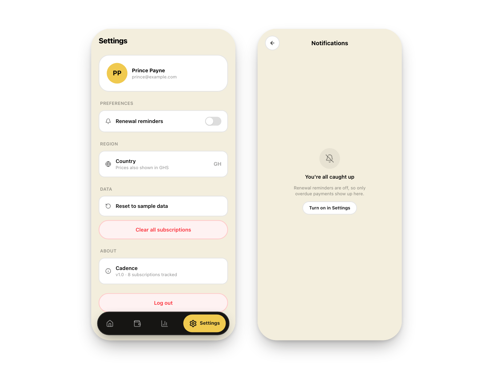Settings with renewal reminders switched off, and the notifications screen explaining that only overdue payments will show.