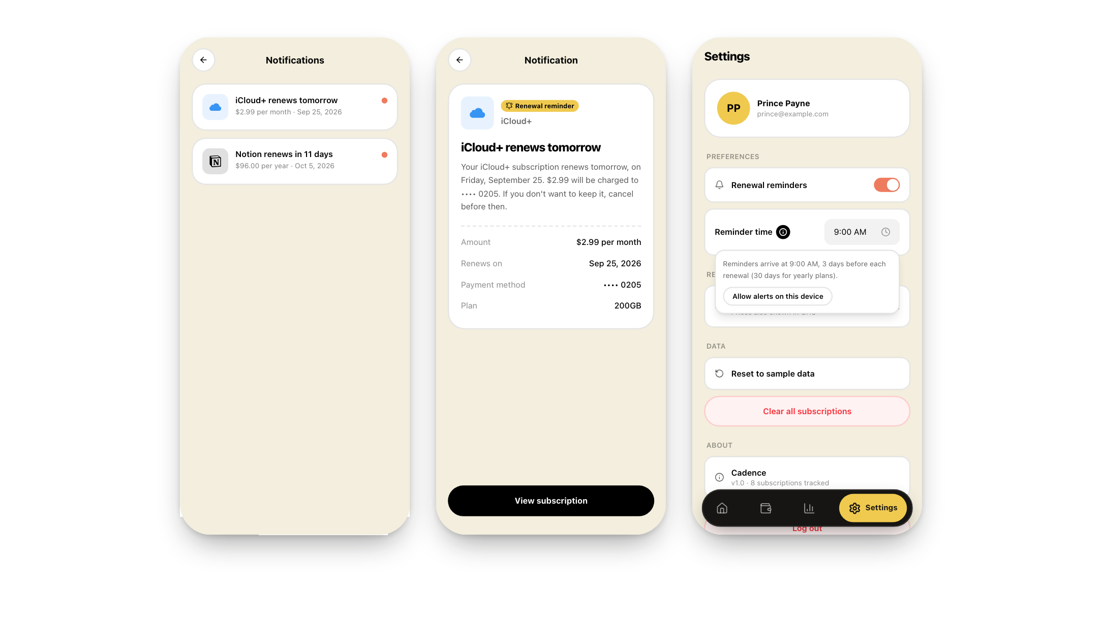 The notifications list with unread dots, a renewal reminder opened as a message, and Settings with the reminder time explained in a tooltip.