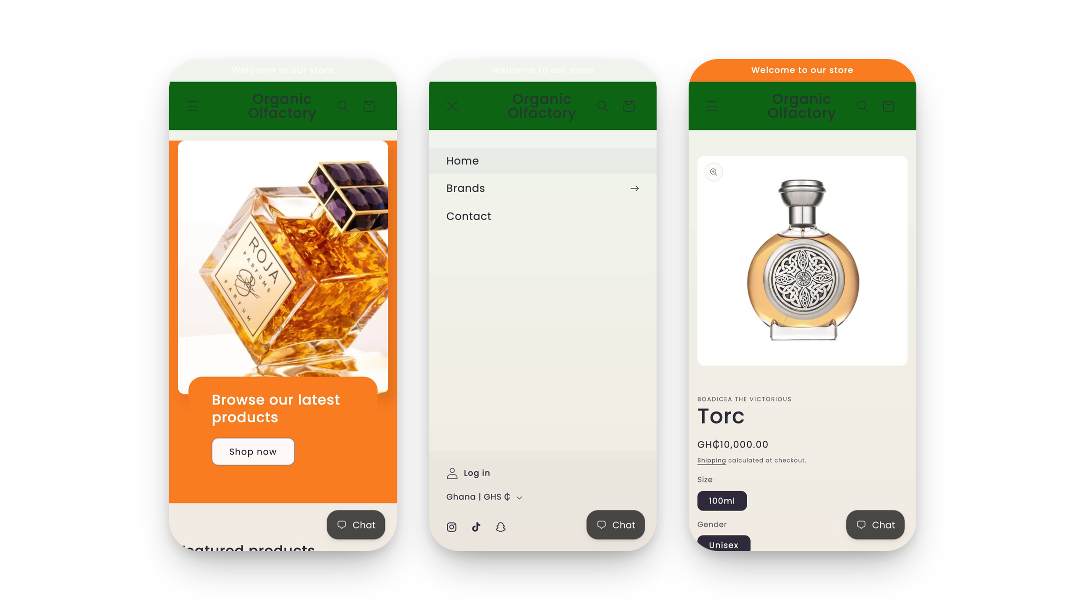Three phone screens from the live store: an orange 'Browse our latest products' banner under a bright green header, a menu offering only Home, Brands and Contact, and a product page with one-option Size and Gender pickers above the button.