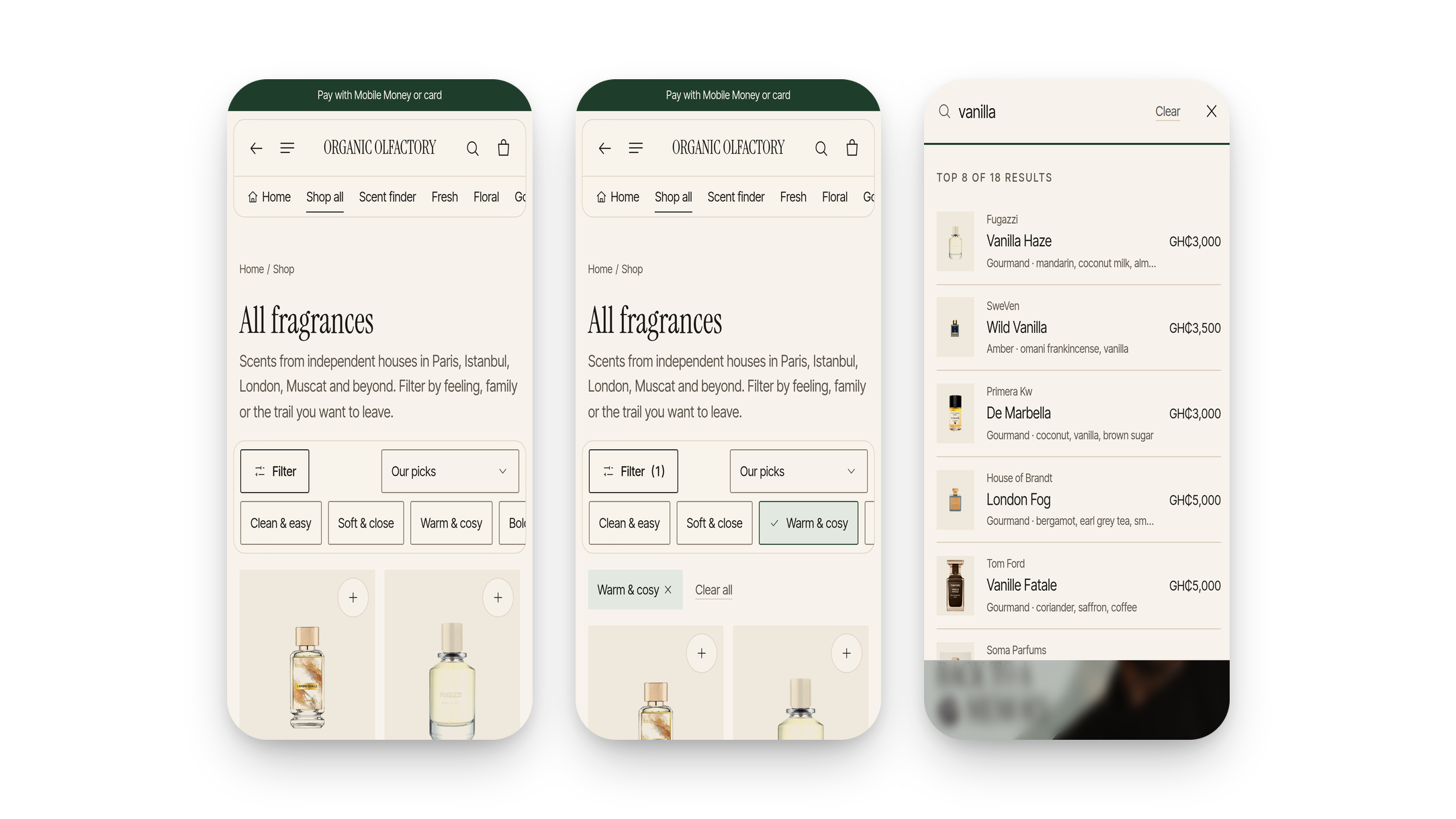 Three screens: All fragrances with mood filters under the toolbar, the same list filtered to Warm and cosy, and search results for 'vanilla' showing gourmand scents with their notes.