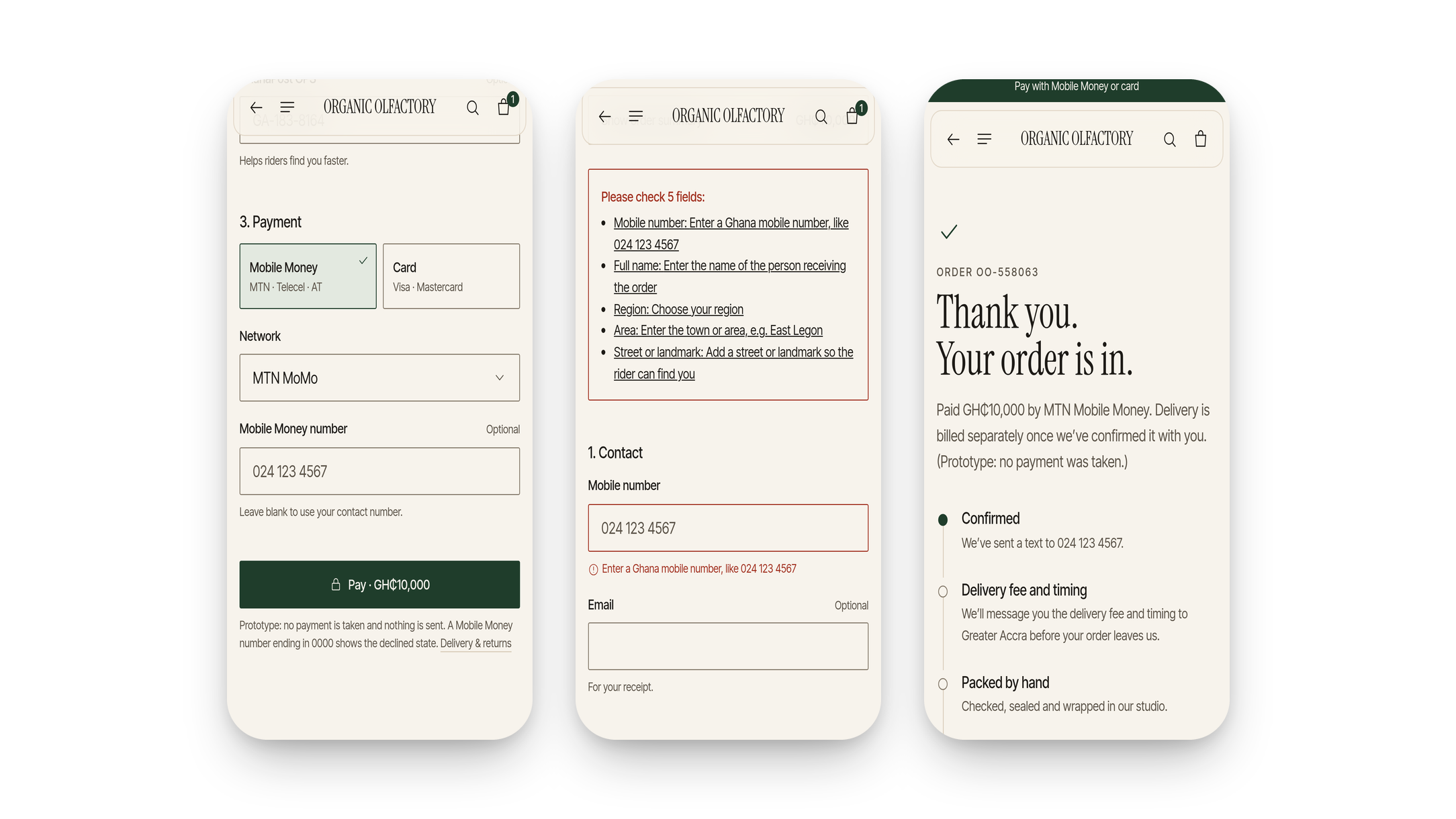 Three checkout screens: payment with Mobile Money selected and an MTN MoMo network picker, an error summary listing five fields to fix with links, and the order confirmation saying delivery fee and timing will be messaged.