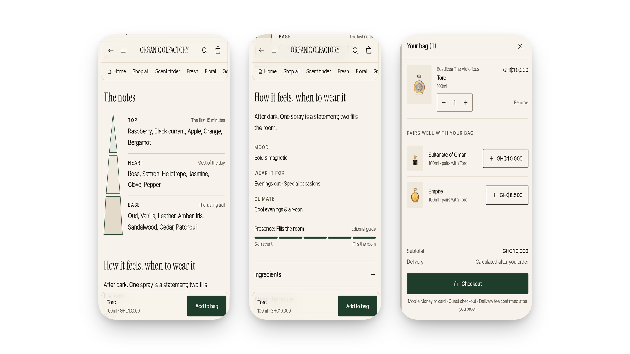 Three screens for Torc: its notes as a top, heart and base pyramid, the 'How it feels, when to wear it' section with a presence meter, and the bag drawer suggesting Sultanate of Oman and Empire as pairings.
