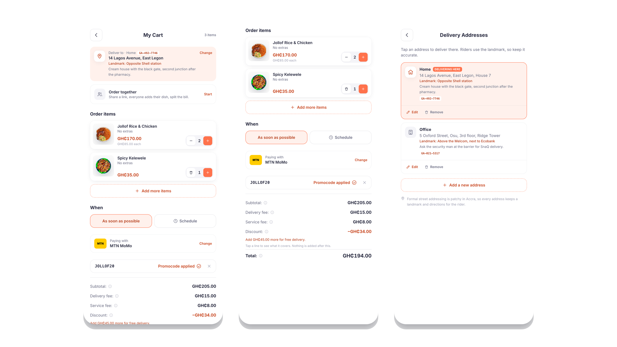 The SnaQ cart showing items, the fee breakdown with a promo code applied, and the saved addresses screen.