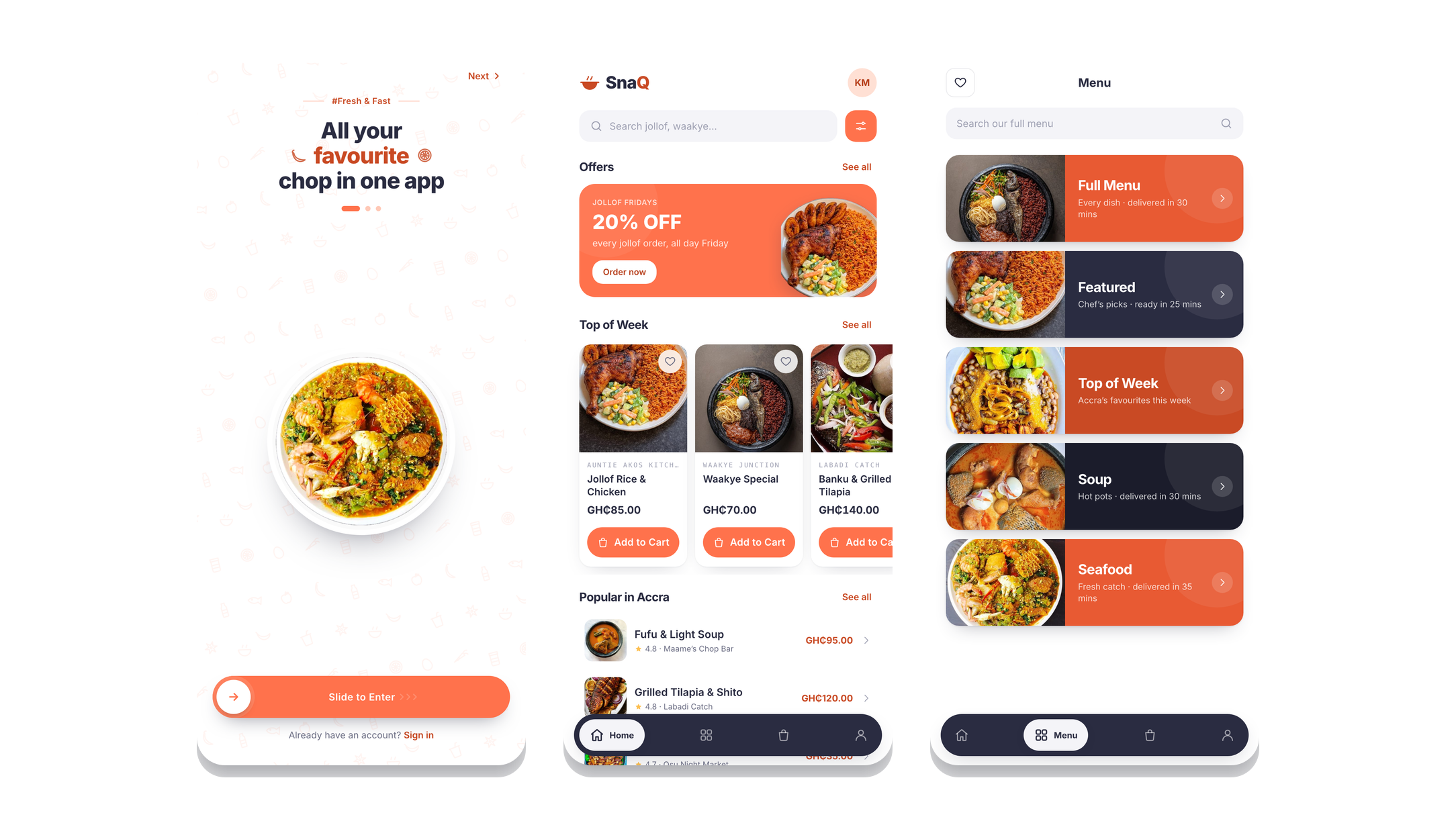 Three SnaQ screens: the intro slide, the home screen with offers and dishes, and the menu.