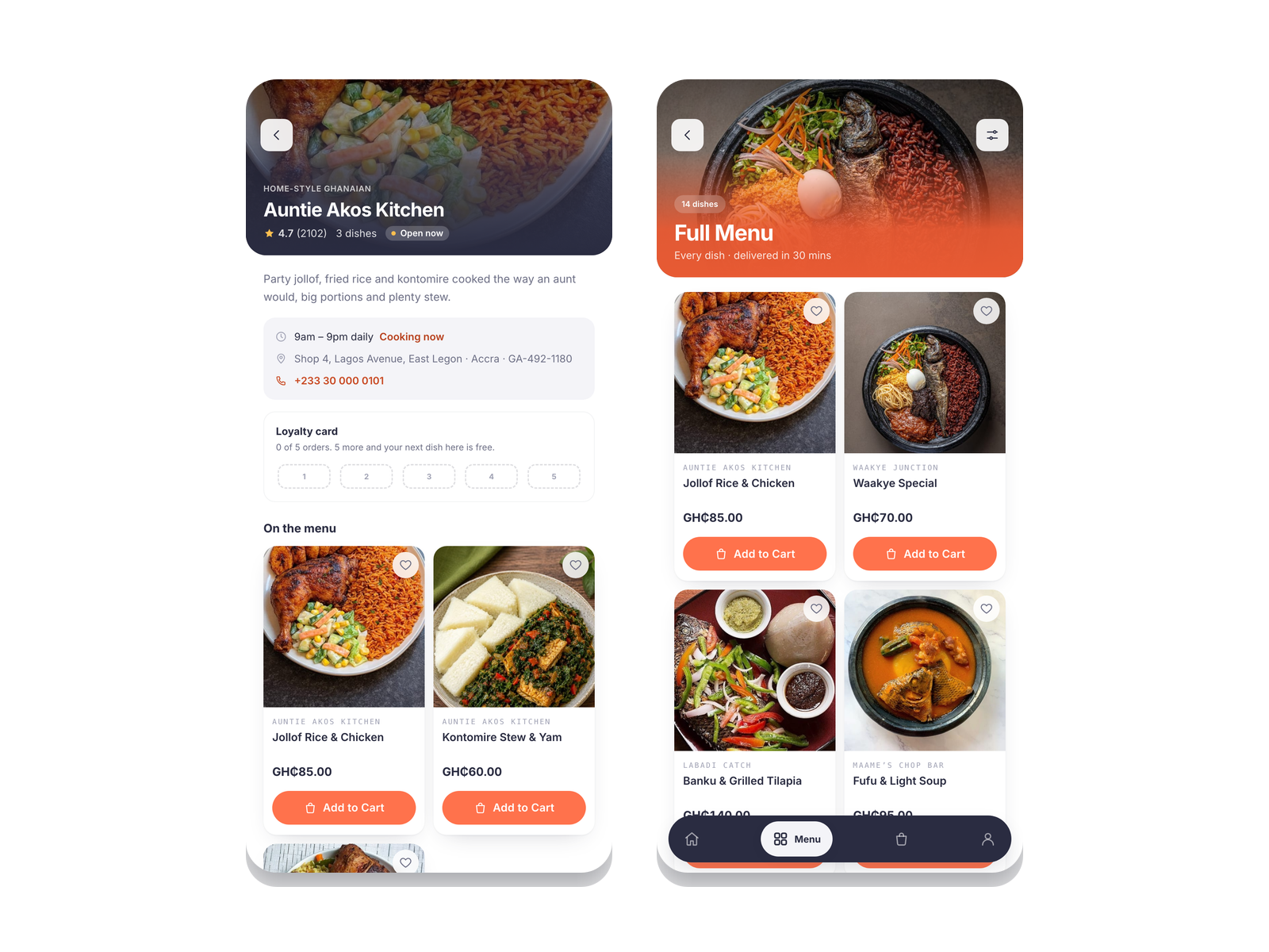A kitchen page with opening hours and a loyalty card, next to the dish grid it replaced as a destination.