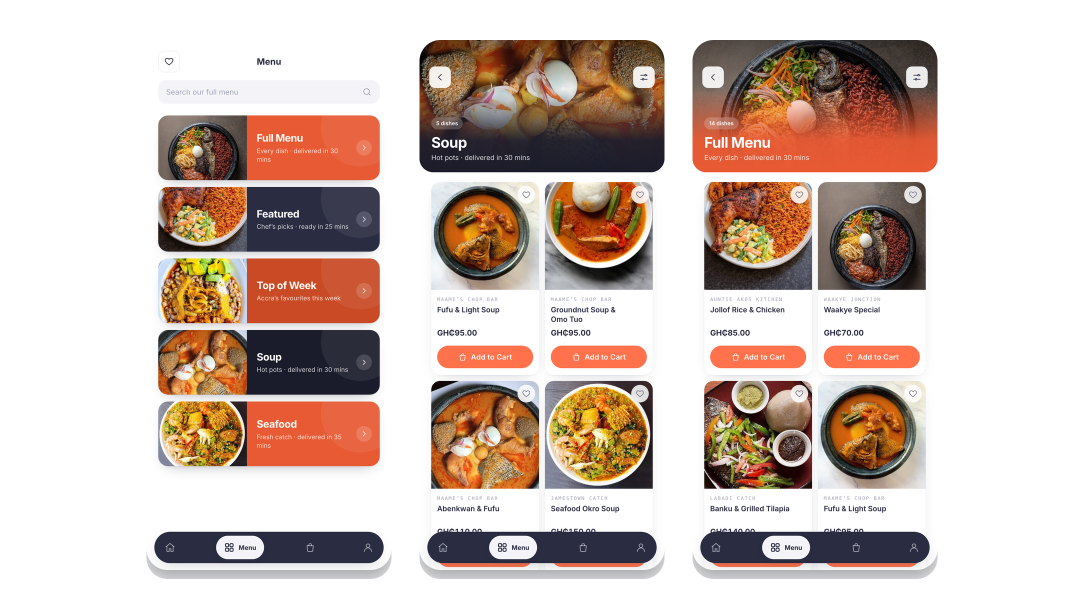 The SnaQ menu: category banners, a category page with a photo header, and the dish grid.