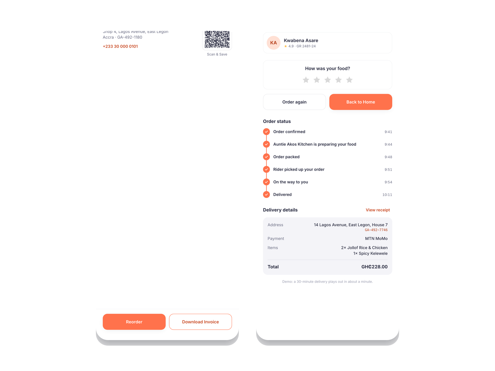 The receipt's charges, and the delivered tracking screen with the tip and order history.