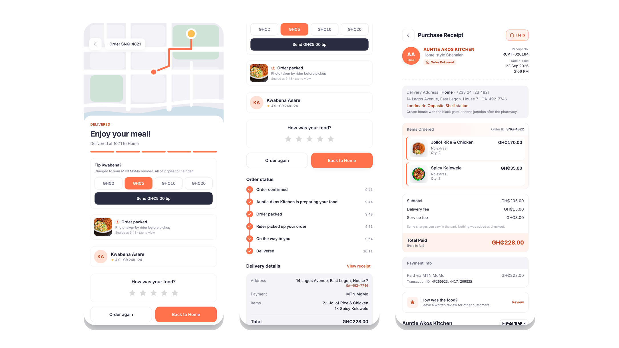 Order tracking with the rider's packed photo, the delivered state with tipping, and the receipt.