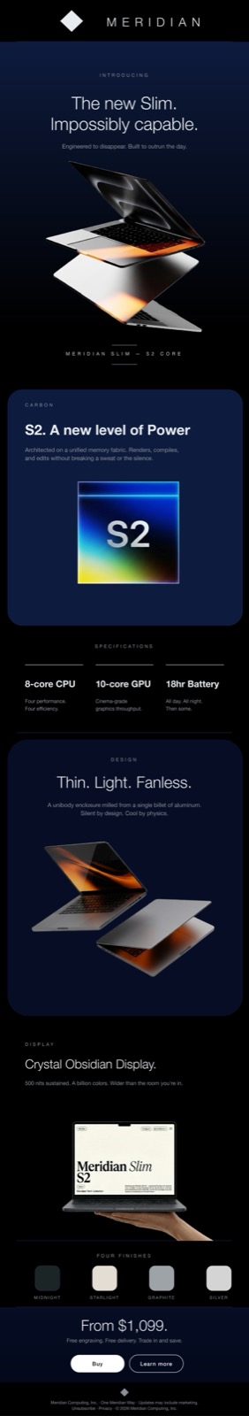 Meridian Slim S2: Launch Email, Meridian Computing Inc. (Concept)